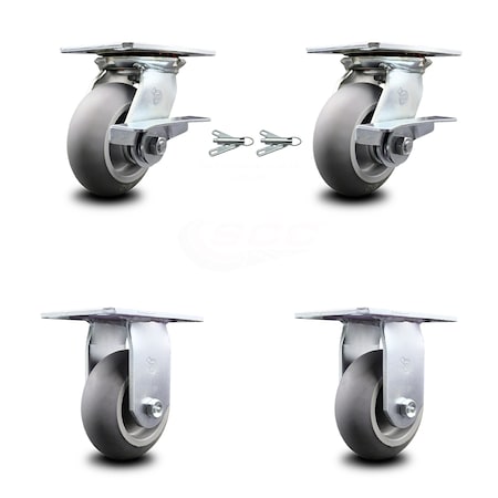 Service Caster 5 Inch Thermoplastic Rubber Caster Brakes/Swivel Locks and 2 Rigid SCC, 2PK SCC-35S520-TPRBD-SLB-BSL-2-R-2